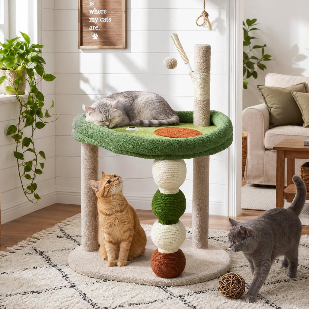 Small Cat Tree, 28" Cat Tower for Window Viewing, Beige and Green