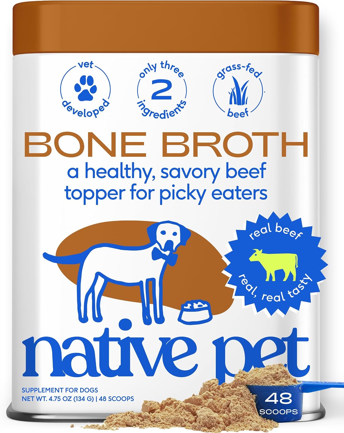 Native Pet Bone Broth for Dogs - Made with Real Beef Bone Broth, Dog Food Toppers for Picky Eaters - Provides Extra Hydration & Nutrition for Joint Strength, Immunity & Heart Health-48 Scoops
