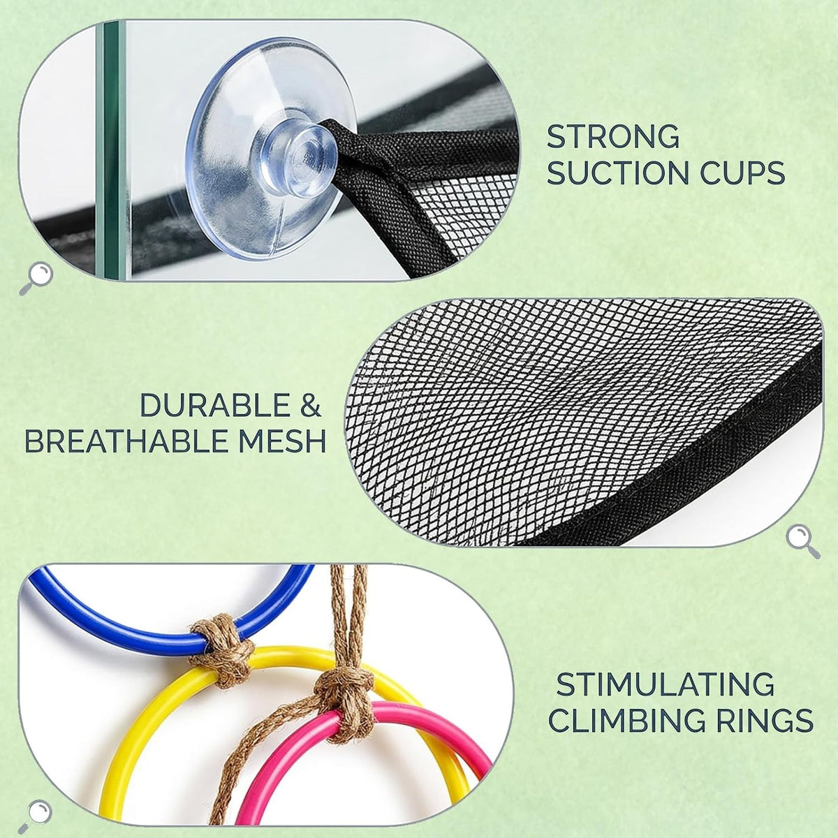 3PCS Snake Enrichment, Snake Enclosure Accessories, Reptile Habitat Accessories with Jute Rope and Black Mesh Hammock, Cage Climbing Structures for Environmental
