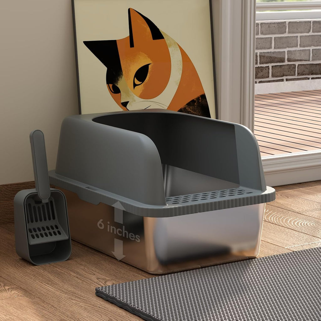 Stainless Steel Cat Litter Box with Lid, 20" L x 14.2" W x11.8 H, Large Cat Litter Box for Multiple Cats with High Sided, No-Leak & Stick, Easy to Clean, Includes Litter Mat & Multi Functional Scoop