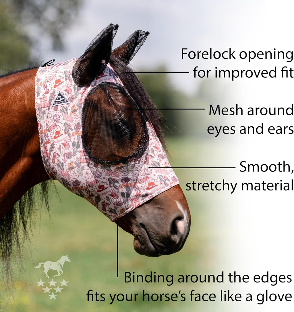 Professional's Choice Comfort-Fit Fly Mask | Smooth, Stretchy Material | Mesh Around the Eyes and Ears Allows for Clear Vision and Keeps Flies and Bugs Away | Cowgirl Pony Size
