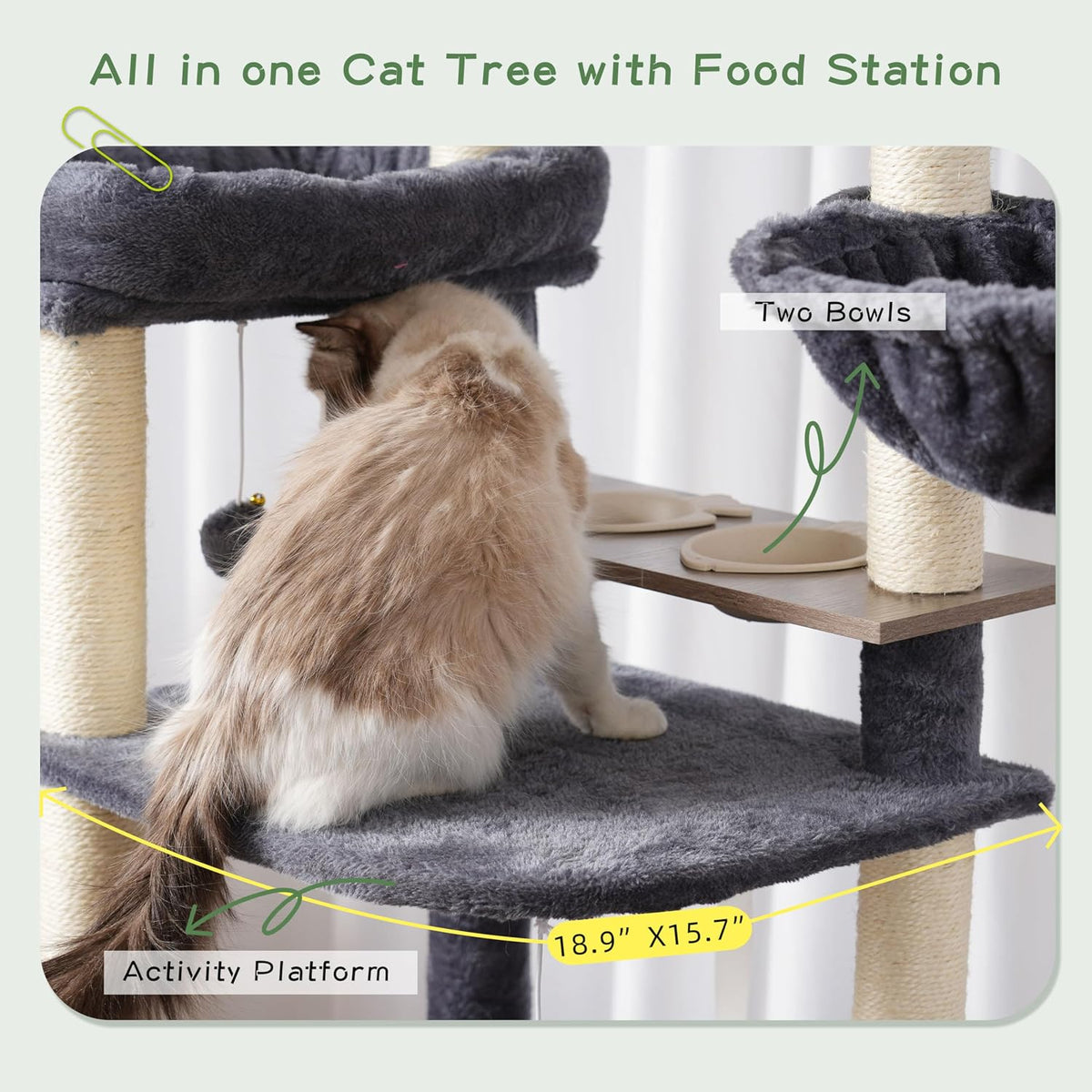 Gitelsnour Cat Tree Tower with Tunnel & Food Station, Wooden Perch GCT021G