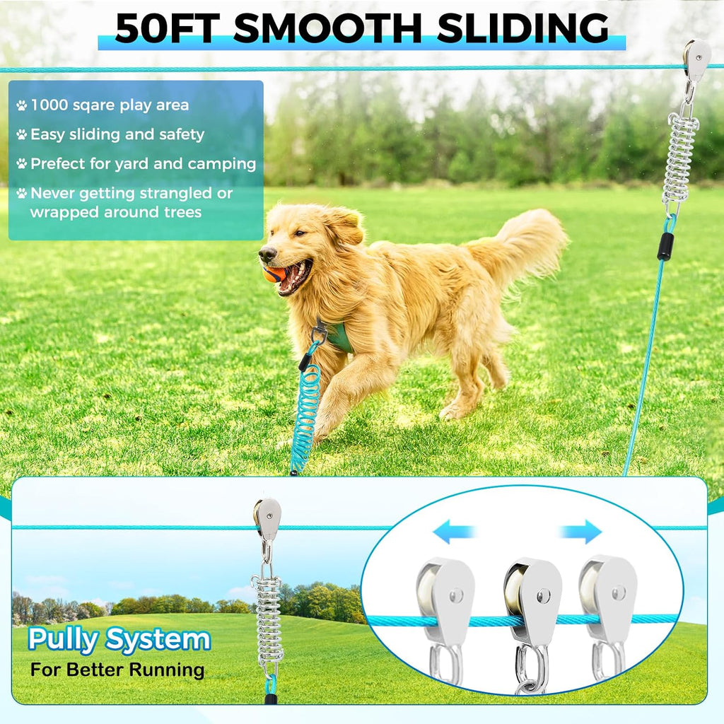 Dog Runner for Yard, Double Shock Absorption Dog Trolley System for Large Dogs, Heavy Duty 50FT Tie Out Run Cable with 10FT Leads, for Dogs Up to 250LBS,Aerial Zipline for Outside,Camping