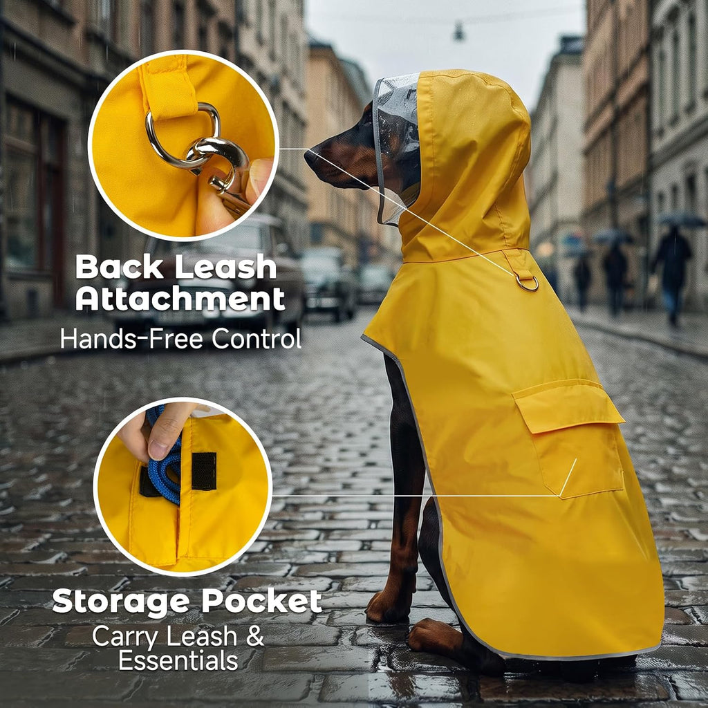 MICOOYO Dog Raincoat, Waterproof Rain Jacket with Hood, Dog Raincoats for Medium & Large Dogs, Lightweight PU Reflective Rain Jacket, Adjustable Belly Strap, Leash Opening Storage Pocket (Yellow,XXL)