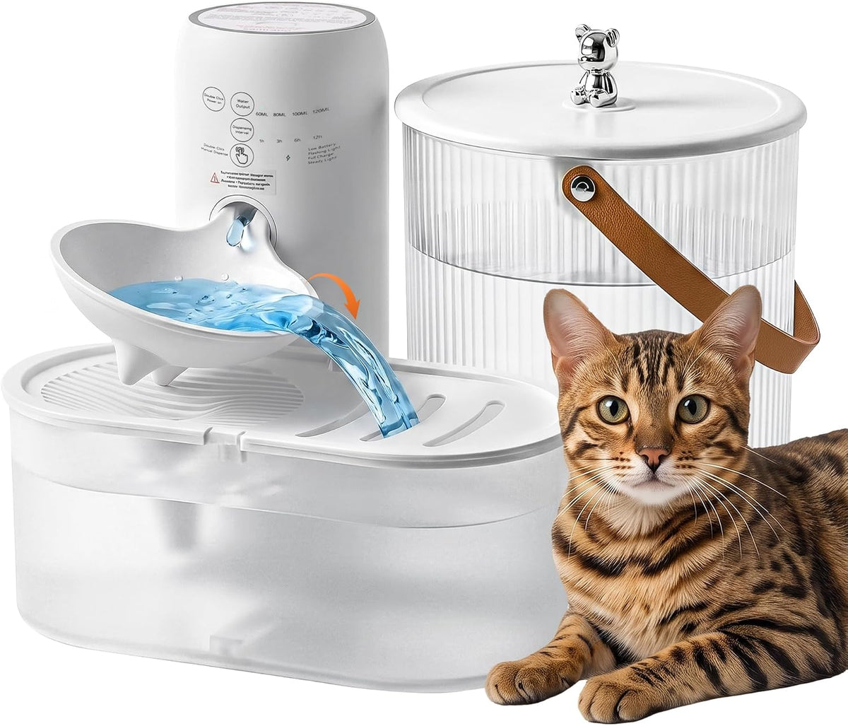 Filterless Cat Water Fountain, Low-Water auto-Refill, Cordless, 3L