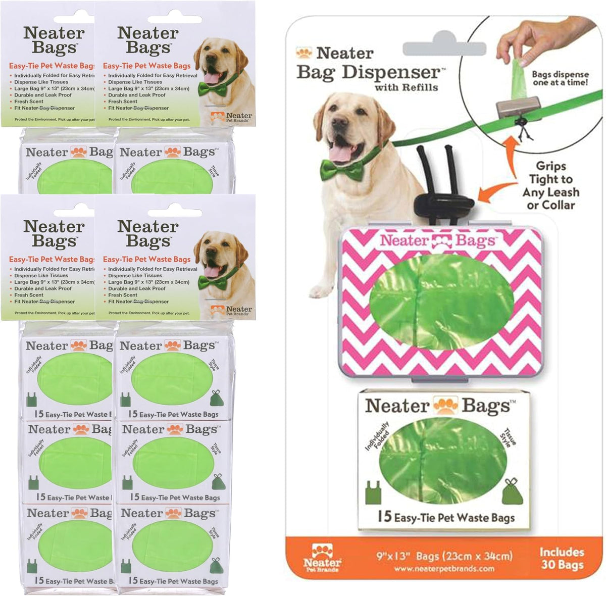 Neater Pet Brands Neater Bags Dog Waste Bag, No Rolls to Fuss With - Dog Poop Bags Dispense One at a Time, Doggie Poop Bag with Easy-Tie Handles (180 Count)