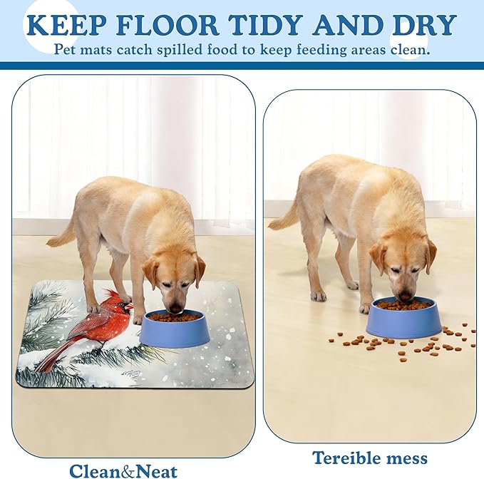 Cardinal Bird Dog Food Mat–Chirstmas Snow Absorbent Quick Dry Feeding Placemat - Image 5