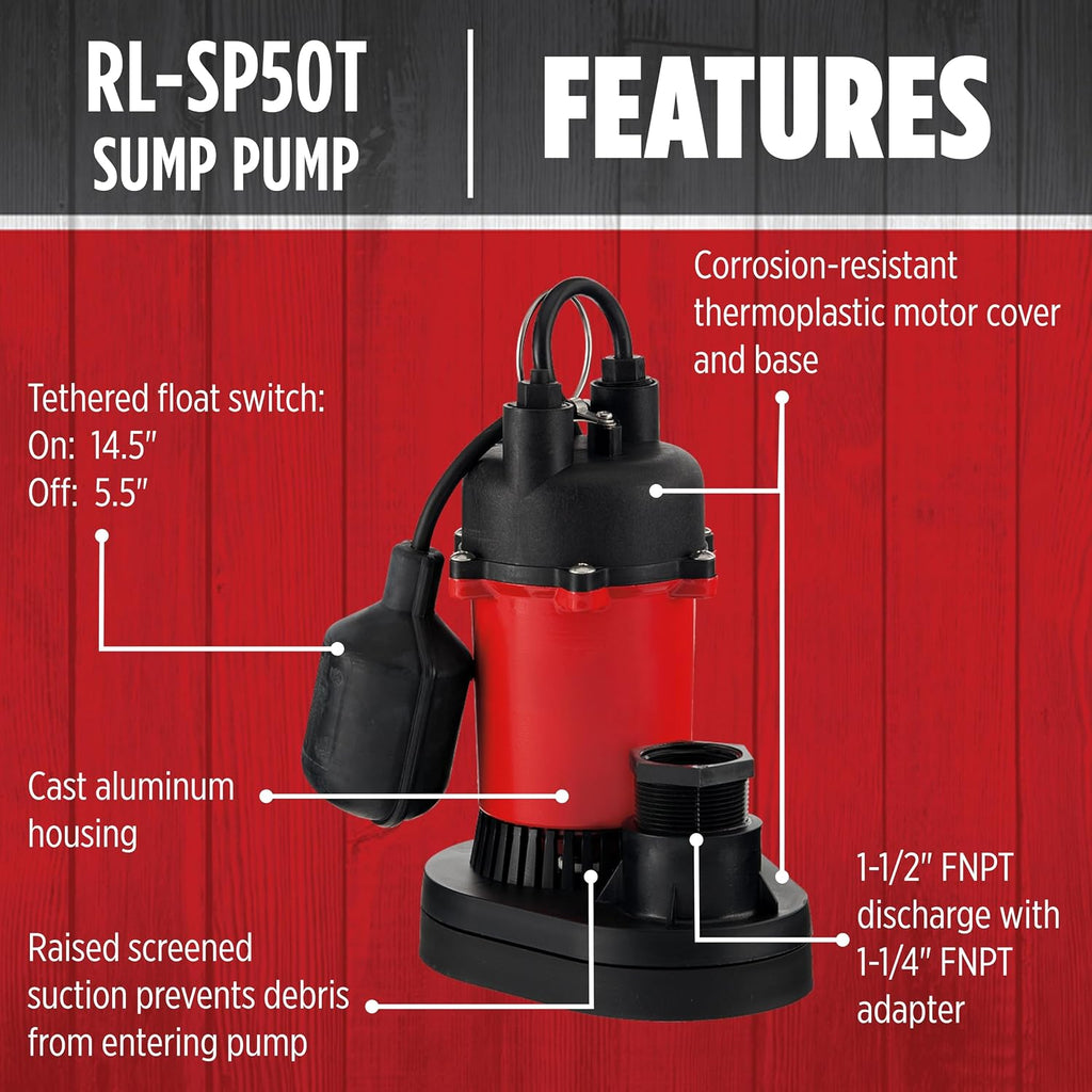 Red Lion RL-SP50T, 115V, 1/2 HP, 3600 GPH Automatic Sump Pump, 8' Cord