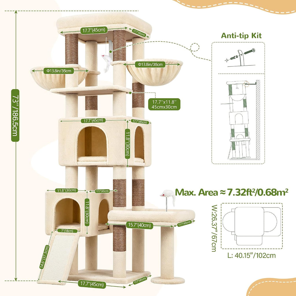 Globlazer Heavy Duty Cat Tower for Indoor Cats 20lb, 73in, S73B, Beige