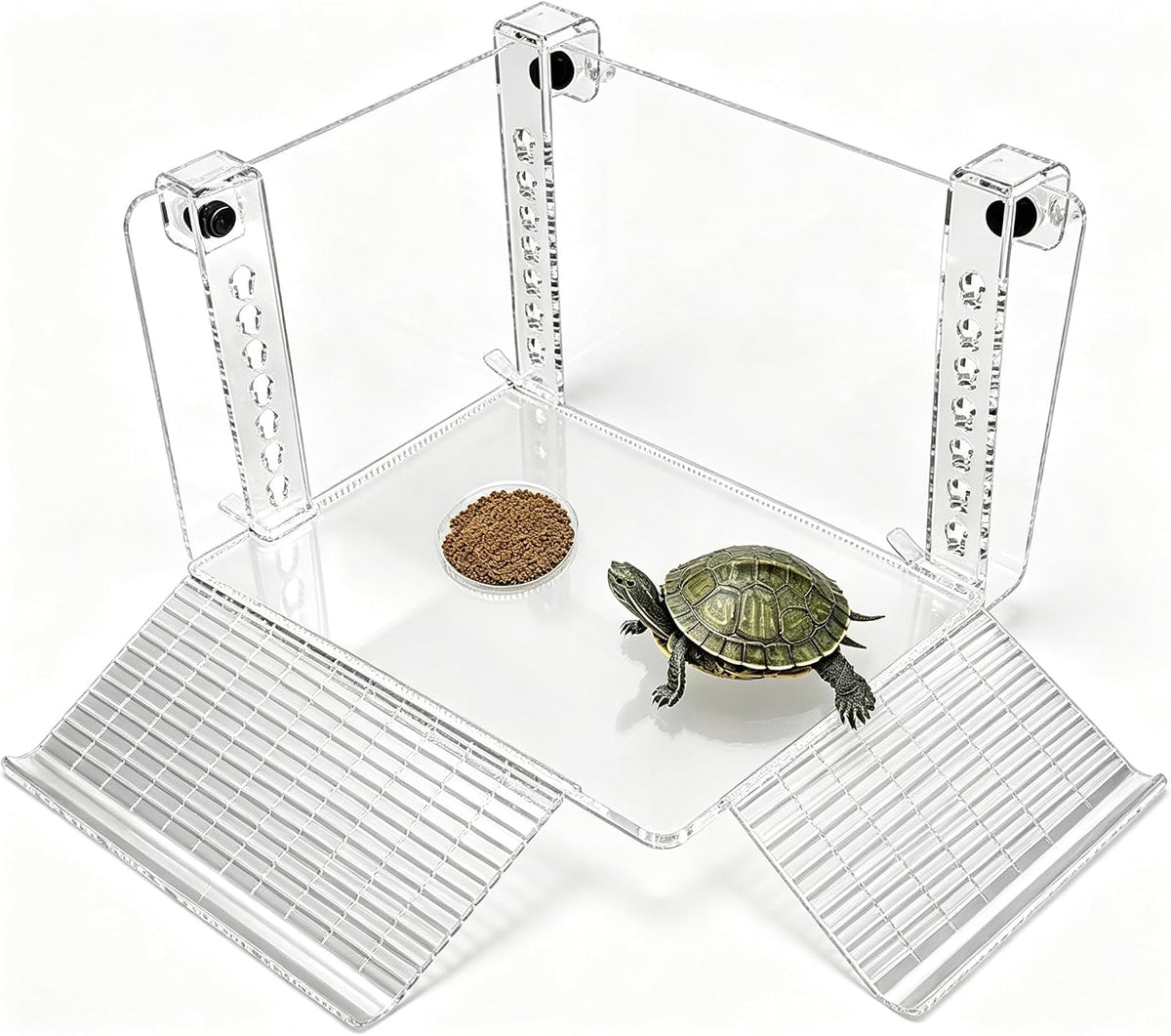 Hanging Turtle Basking Platform, Multifunctional Acrylic Turtle Dock with Ramp & Feeding Area, Adjustable Reptile Aquarium Tank Terrace for Basking Resting Climbing, Clear Habitat Decor for Aquarium