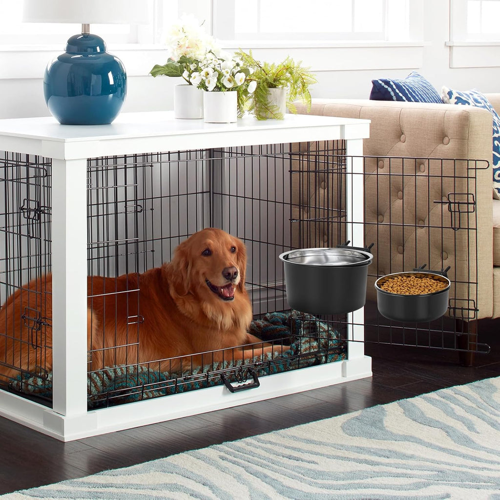 Crate Dog Bowls for Large Dogs, Removable Stainless Steel Dog Bowls for Food and Water, Pet Kennel Hanging Food Water Feeder Station for Medium/Large Pets, (7.1"x3.7" & 7.1"*2.6", Black)