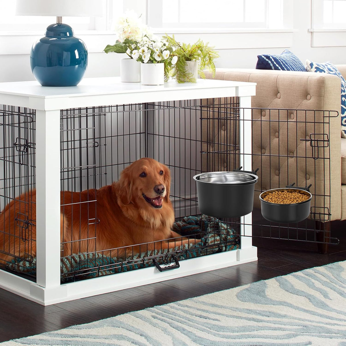 Crate Dog Bowls for Large Dogs, Removable Stainless Steel Dog Bowls for Food and Water, Pet Kennel Hanging Food Water Feeder Station for Medium/Large Pets, (7.1"x3.7" & 7.1"*2.6", Black)