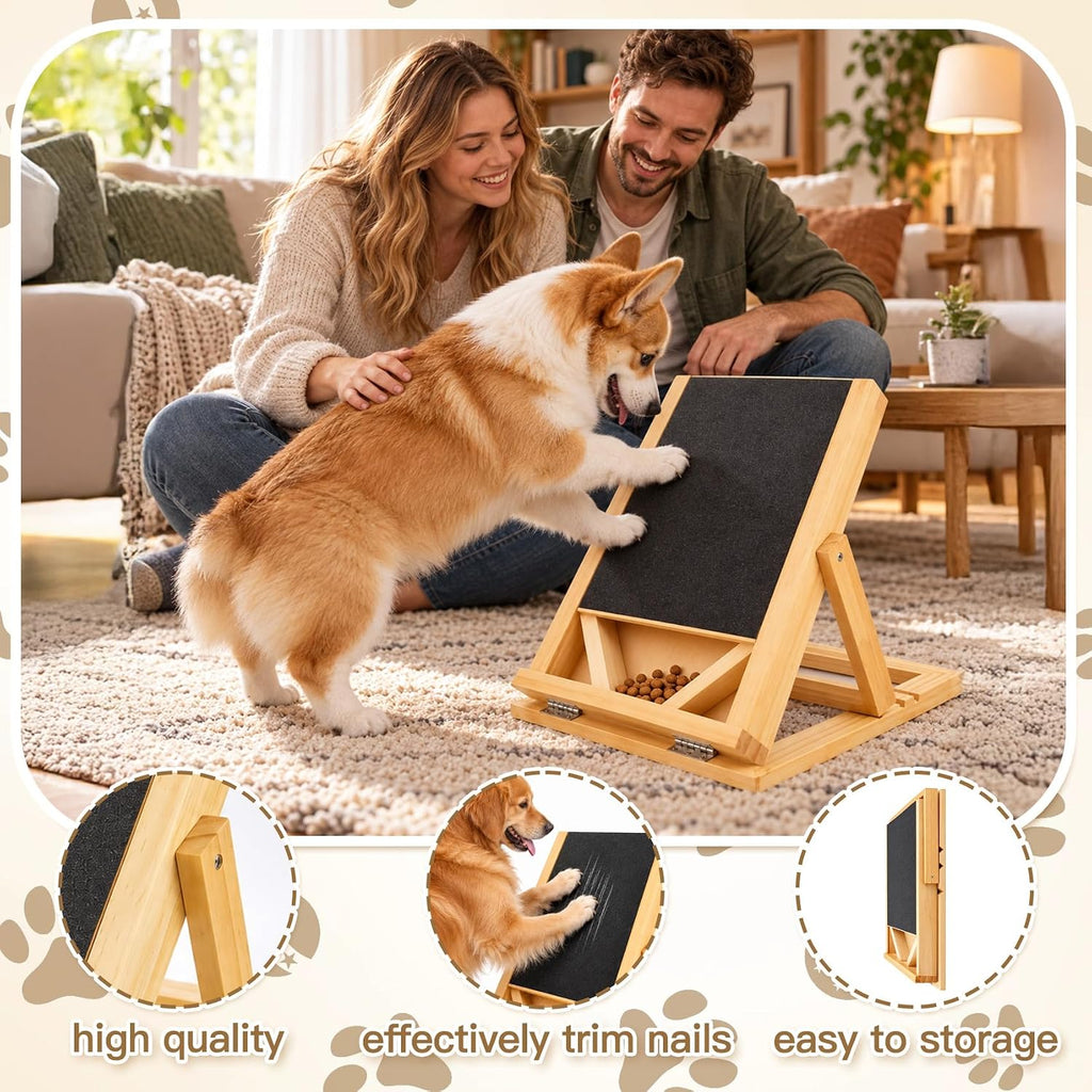 Dog Scratch Board with Treat Box, Adjustable Wooden Nail File Pad