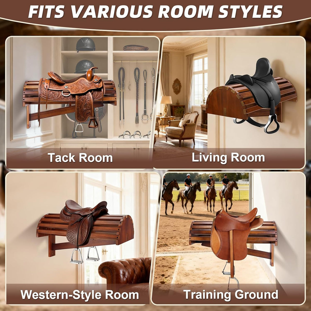 Wall-Mounted Wood Saddle Rack – Space-Saving Design with Reinforced Crossbars, Non-Abrasive Surface, Heavy-Duty Storage for Tack Room Organization, 23.6"x11.9"x13.3"
