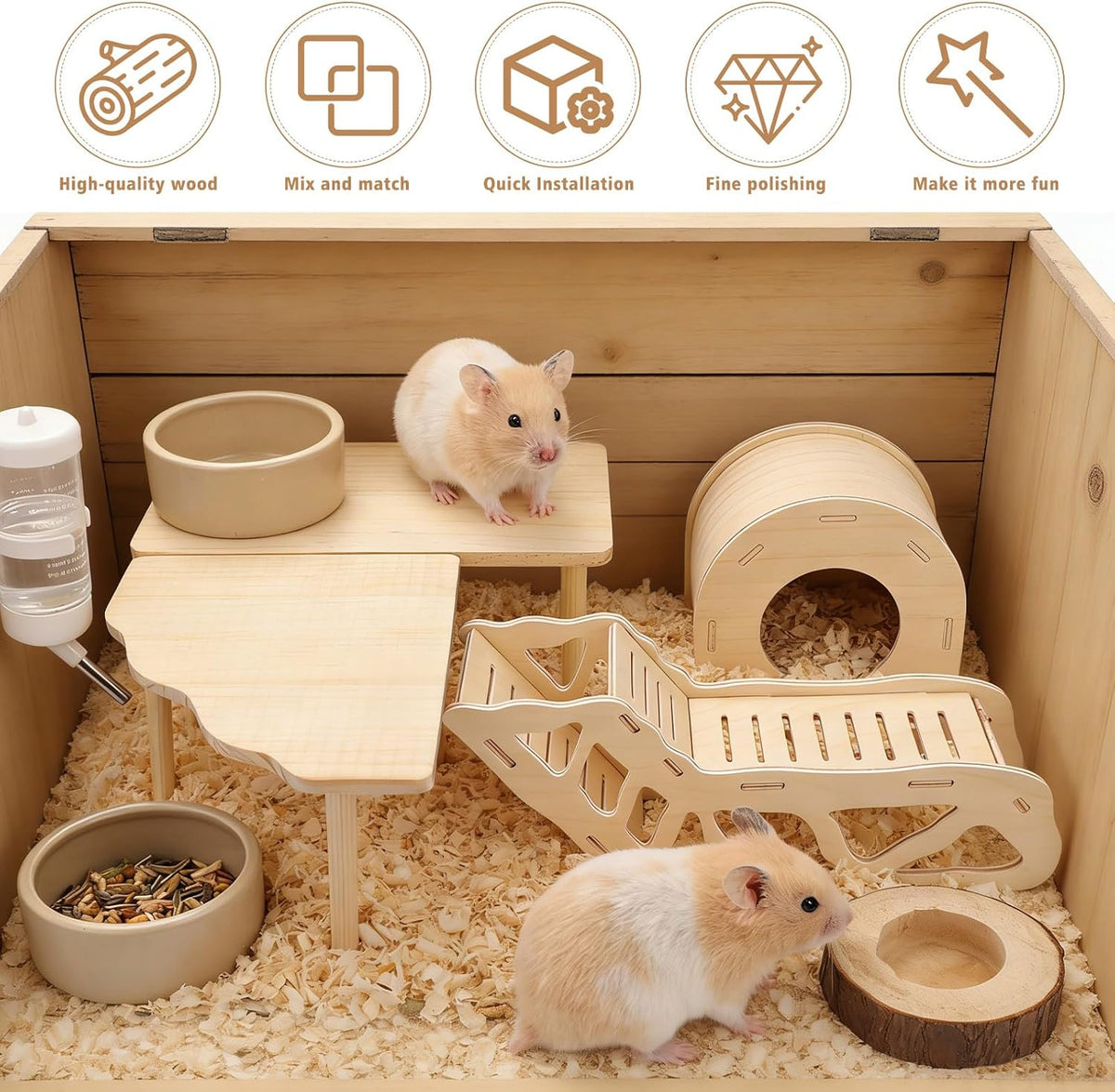 3 Sets Wooden Hamster Platform for Cage Accessories Natural Wood Climbing Toy Hideout, Expandable Habitat Decor for Dwarf Syrian Hamsters, Gerbils, Mice, Degus Sturdy Chew-Safe