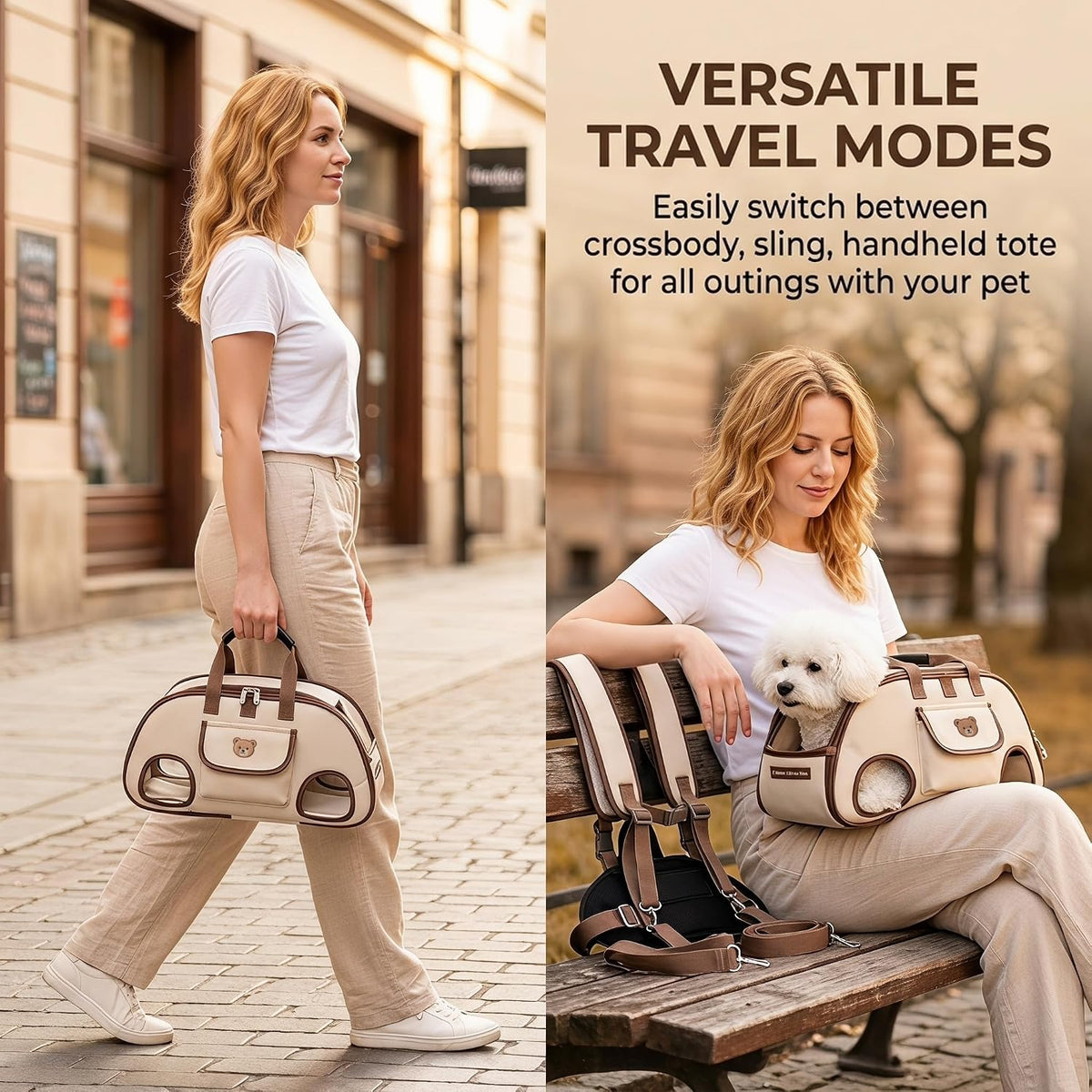 Dog Carrier Sling, Puppy Sling Carrier for Medium Dogs & Cats, Breathable Mesh Pet Shoulder Bag with Adjustable Strap & Pockets, for Outdoor Walking Travel (Beige, M)