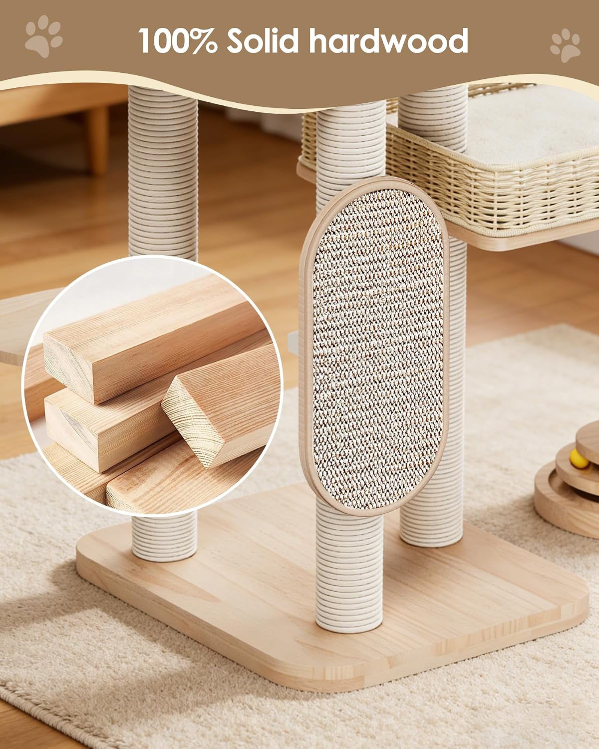 Modern Cat Tree, 53.4 Inches Wooden Multi-Level Cat Tower with Scratching Posts, Sisal Board, Condo, Plush Perch & Toy Ball, Pet Activity Center for Adult Cats