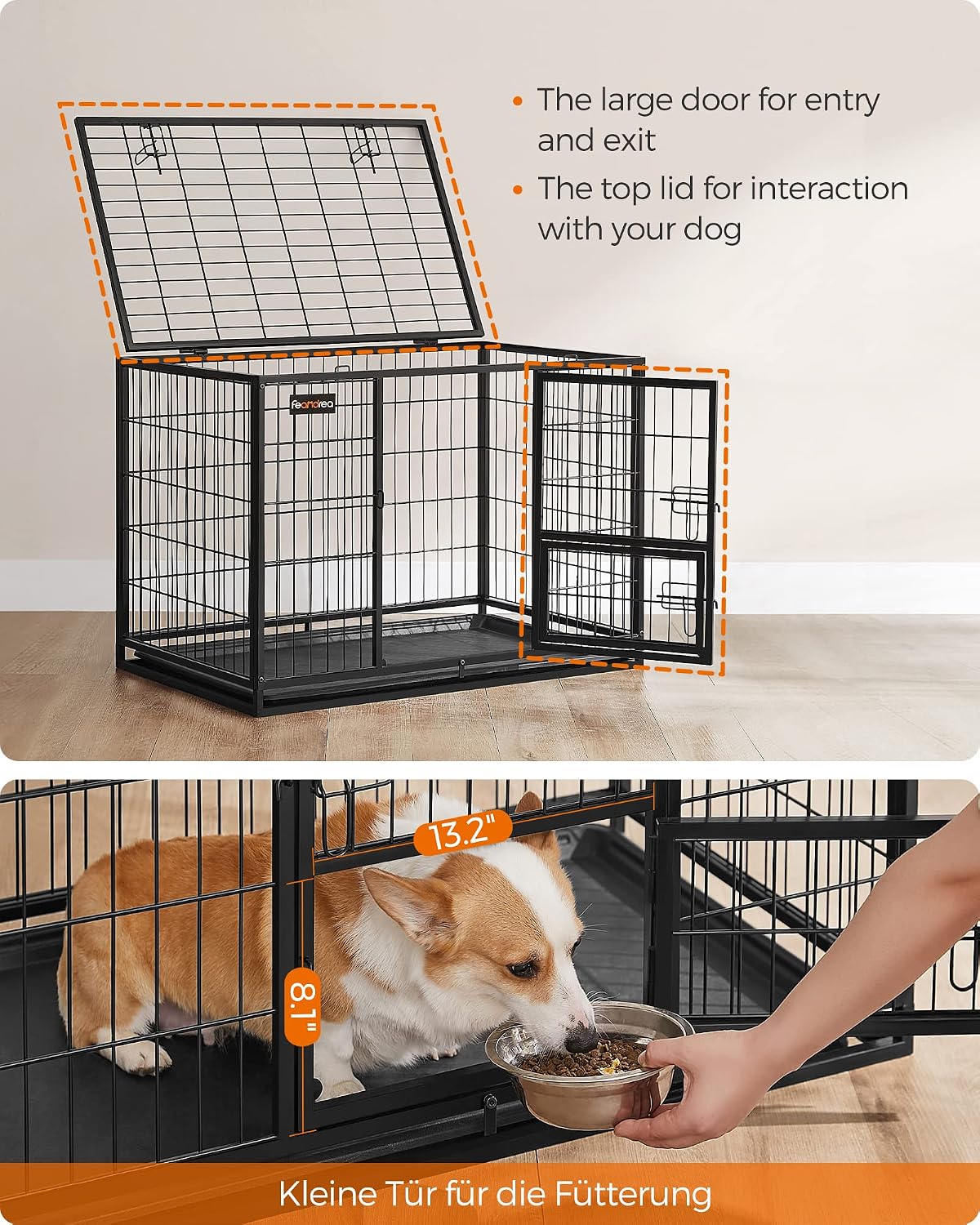 Feandrea 36.4" Heavy-Duty Dog Crate, Convenient Feeding Door, Double Doors