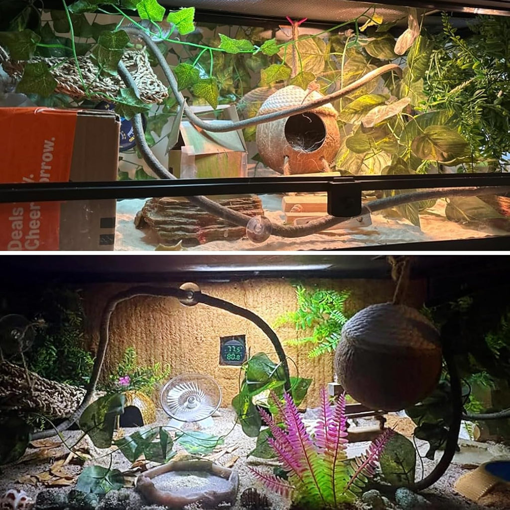 Leopard Gecko Coconut Hut with Ladder,Grested Gecko Coco Den Lizards Hanging Coconut Shell Hideout Cave Reptiles Tank Accessories Climbing Hanging Plants Jungle Vine Flexible Leaves Decor