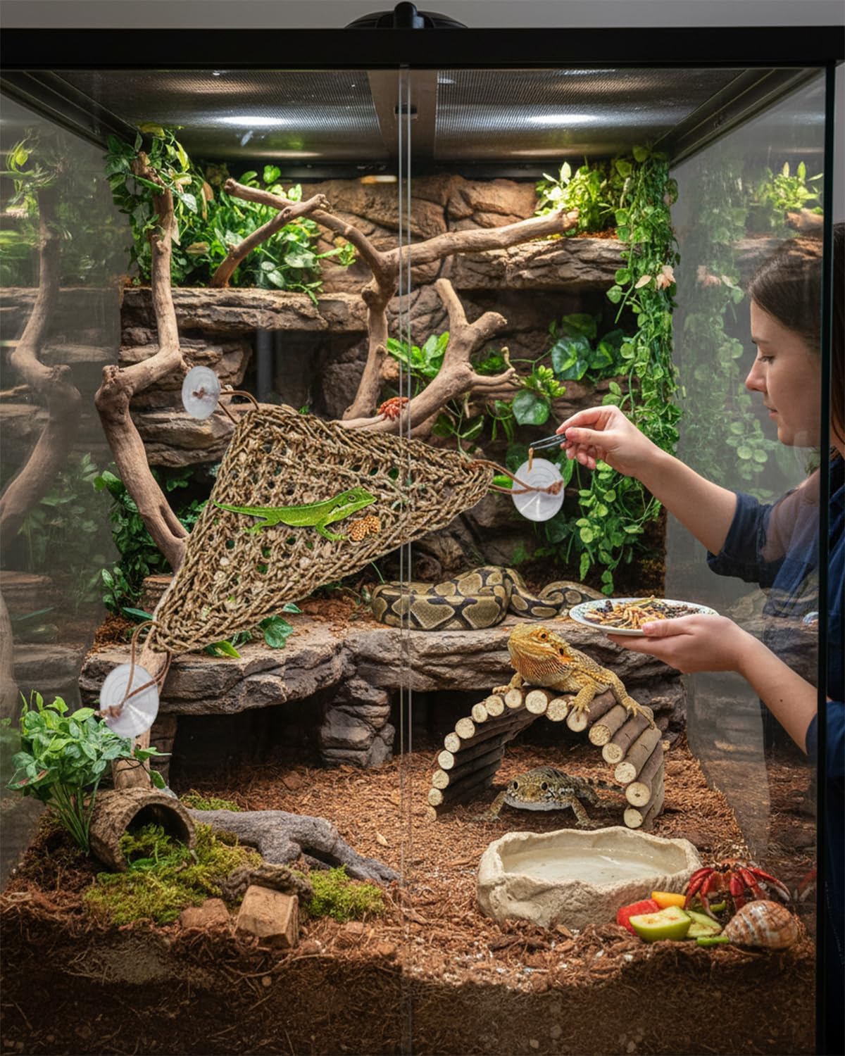 Bearded Dragon Hammock, Reptile Tank Decor with Climbing Hammock & Natural Wood Hideout for Bearded Dragon, Leopard Gecko, Lizards, Snakes, Tortoises Habitat Enrichment