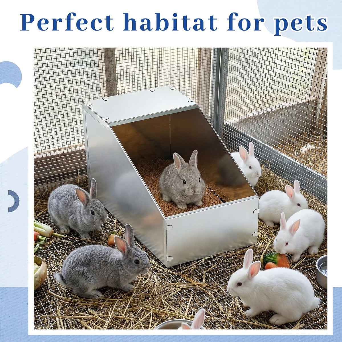 Maxcheck Galvanized Metal Rabbit Nesting Box, 18.5*10.6*10 in with 2 Pcs Grass Mats, Bunny Small Animal Nest with Removable Acrylic Floor for Breeding, Durable, Easy to Clean for Indoor/Outdoor Use