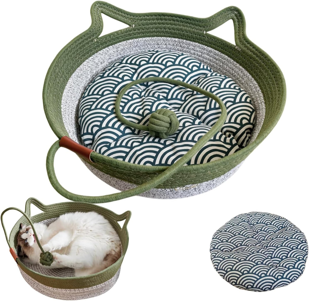 Handwoven Cotton Rope Cat Basket, Scratch-Friendly Cat Bed for Indoor Cats