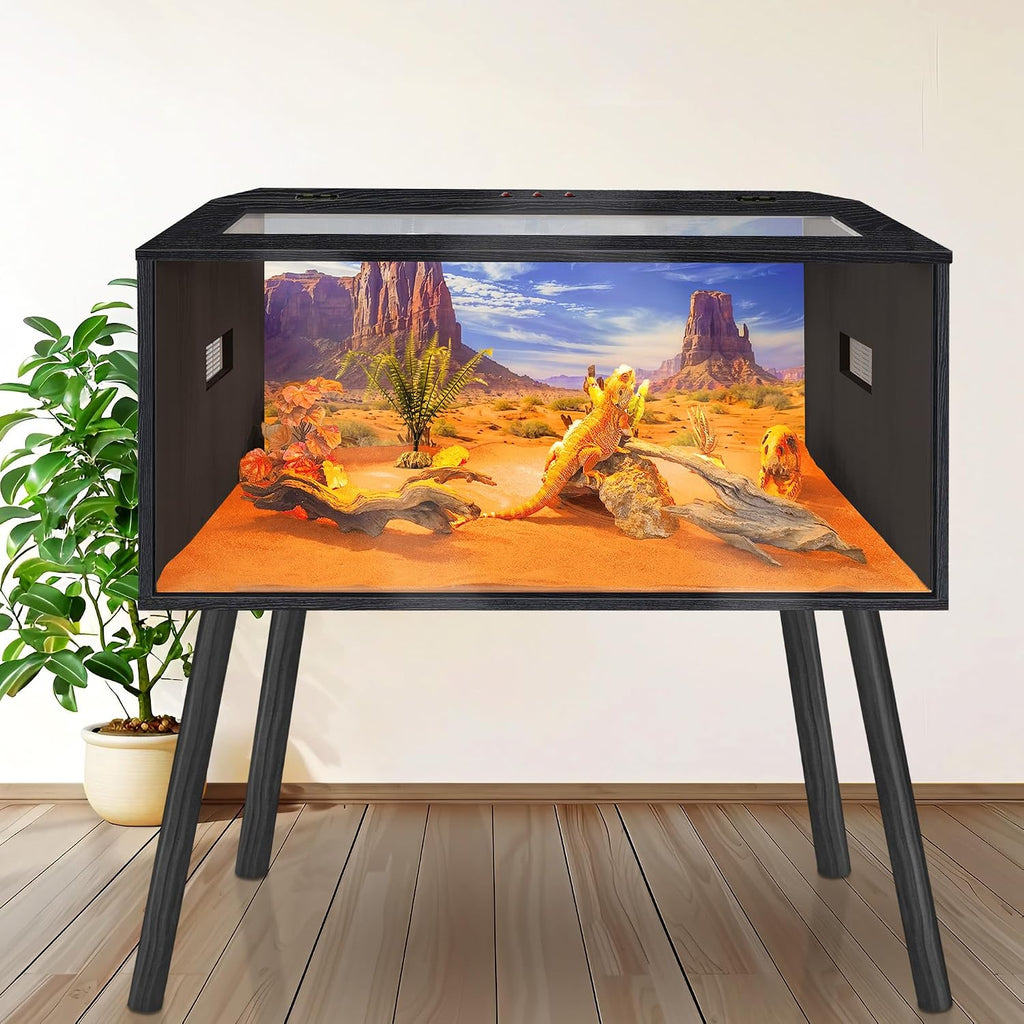 Prolee 63 Gallon Reptile Tank, Tempered Glass Bearded Dragon Tank with Wooden Roof and Lockable Doors, Large Lizard Habitat with Built-in Lamp Fixture for Snakes, Iguanas, Chameleons (Black)