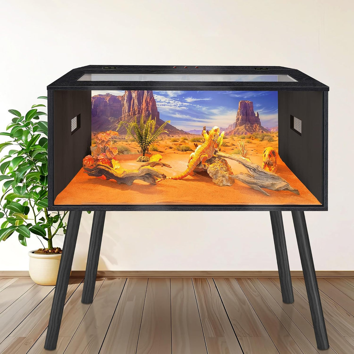 Prolee 63 Gallon Reptile Tank, Tempered Glass Bearded Dragon Tank with Wooden Roof and Lockable Doors, Large Lizard Habitat with Built-in Lamp Fixture for Snakes, Iguanas, Chameleons (Black)