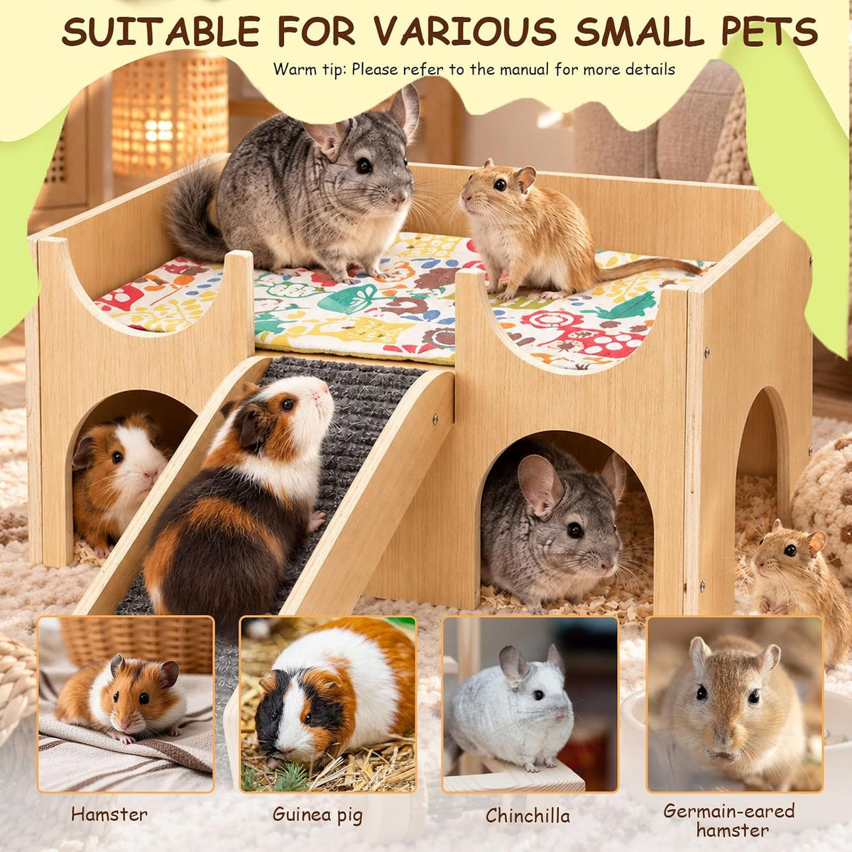 Wooden Guinea Pig Hideout & Castle-Shape Guinea Pig House, Easy to Assemble