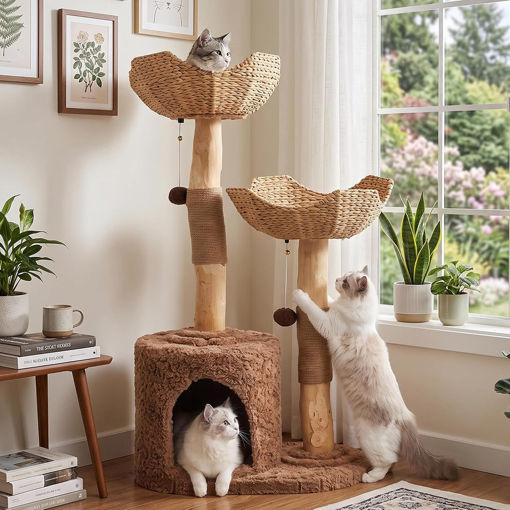 Modern Cat Tree Tower 50” with 2 Handmade Baskets and Large Condo