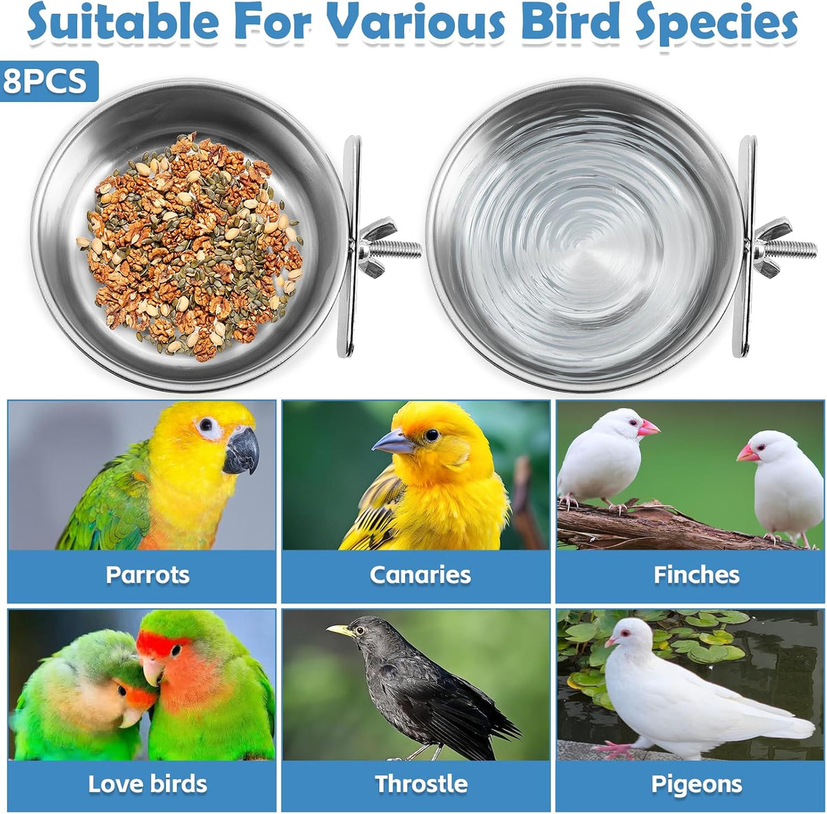 kathson 8 Pack Bird Feeding Dish Cups, Stainless Steel Parrot Feeders Water Cage Bowls with Clamp Holder Bird Feeders for Parakeet Cockatiels Conure Budgies Lovebird Finch and Small Animals