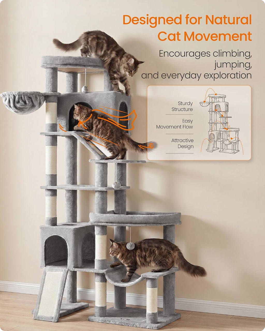 Feandrea Cat Tree, 79.5" Heavy Duty Cat Tower Condo for Indoors, Dove Gray