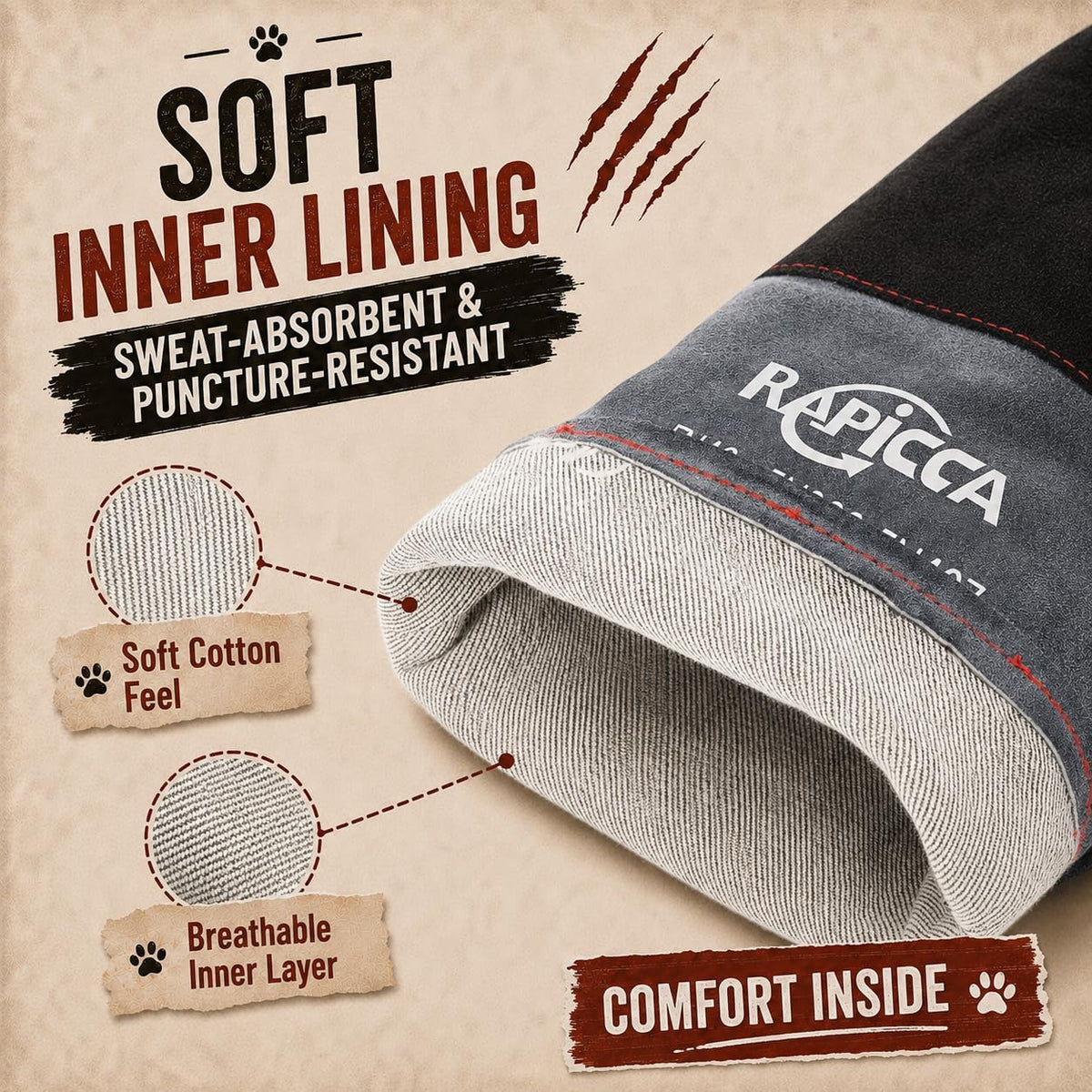 RAPICCA Animal Handling Gloves, Bite Proof Double Leather, 16 in Grey-Black