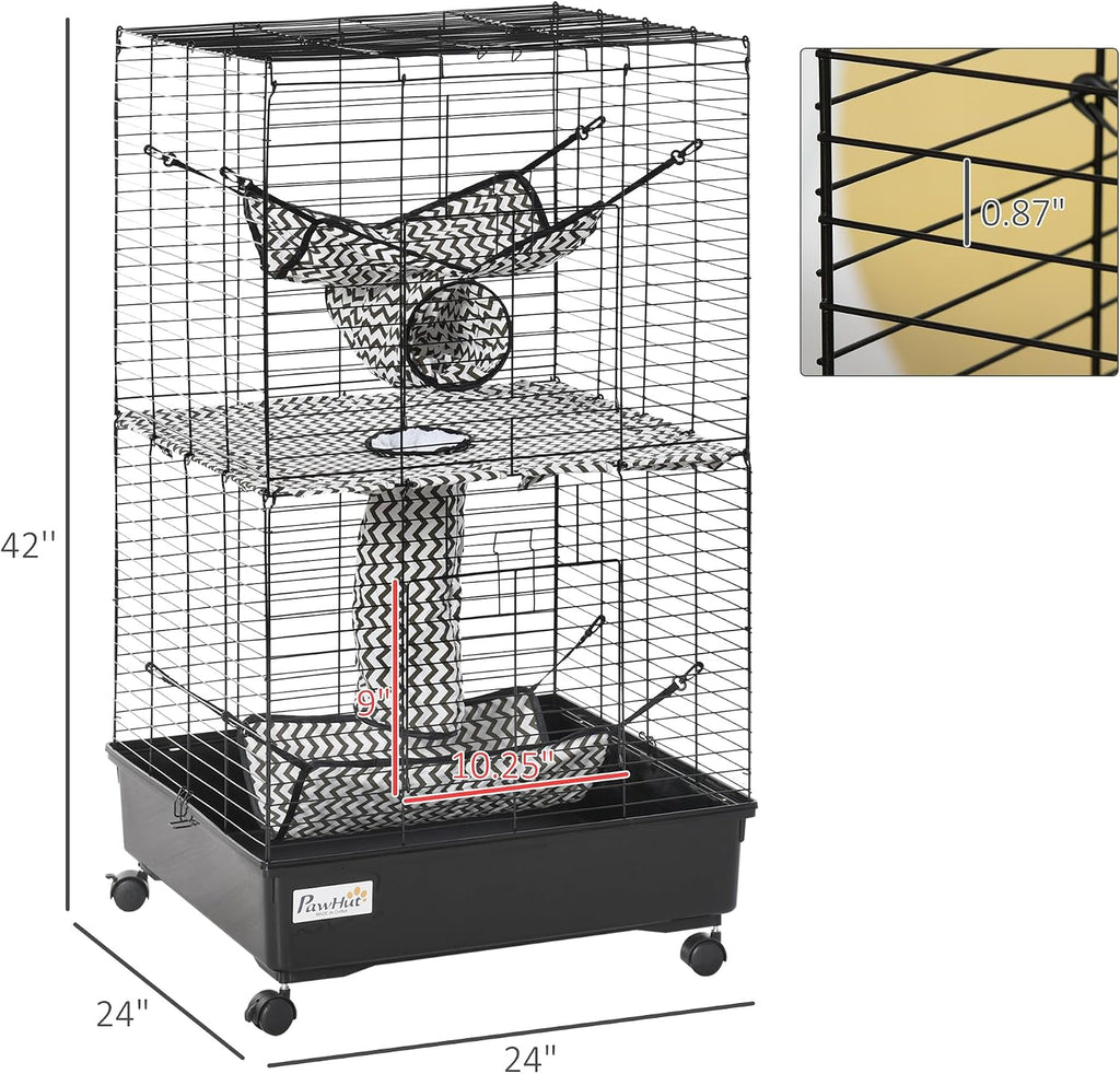 PawHut 42" Ferret Cage, Small Animal Habitat Metal Pet Cage with Wheels Brakes, Hammocks, Hanging Tunnels, and 3 Doors, Black