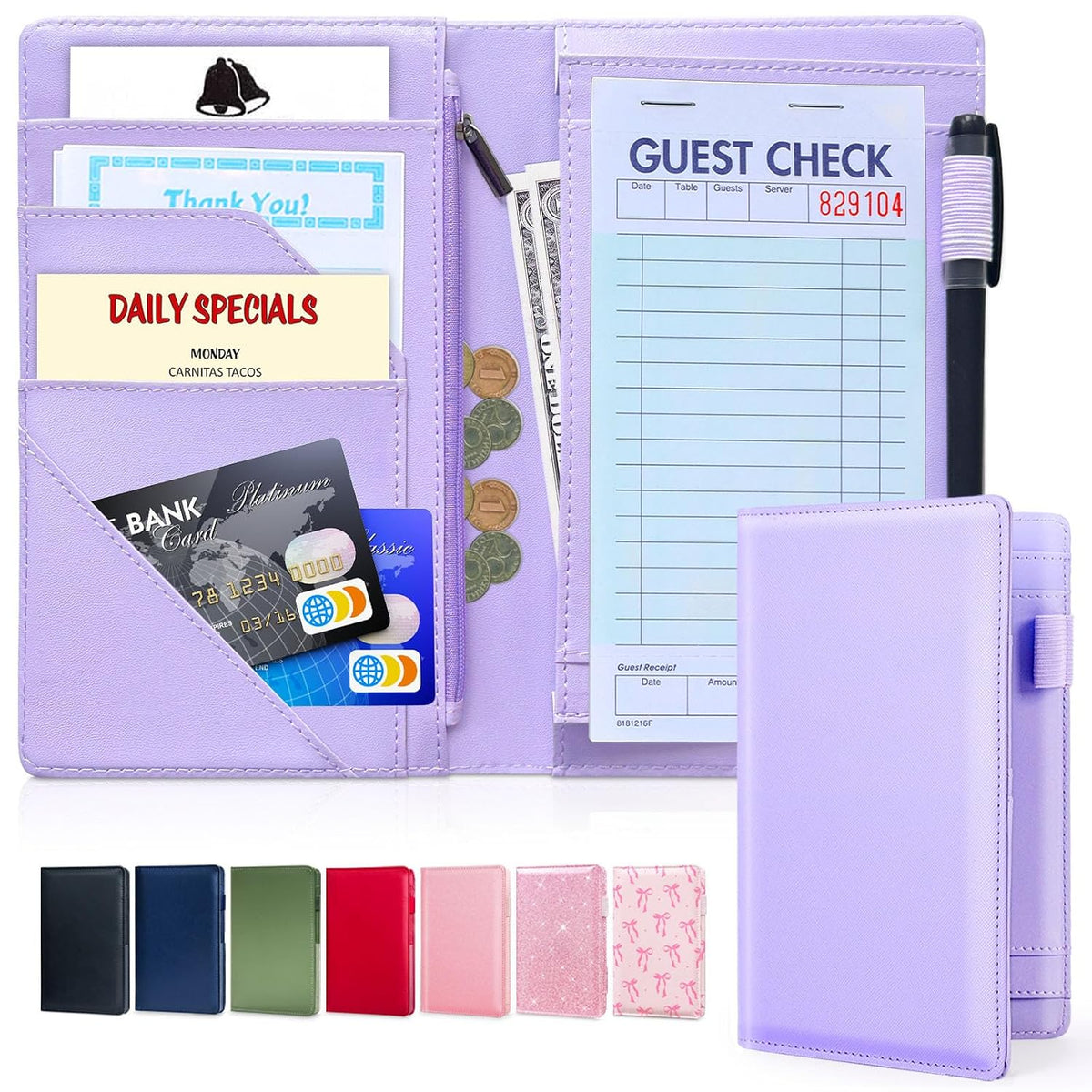 LINTRU 5x8 Server Book, 7 Pocket Zipper Organizer, Fits Apron, Purple