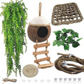 Leopard Gecko Coconut Hut with Ladder,Grested Gecko Coco Den Lizards Hanging Coconut Shell Hideout Cave Reptiles Tank Accessories Climbing Hanging Plants Jungle Vine Flexible Leaves Decor