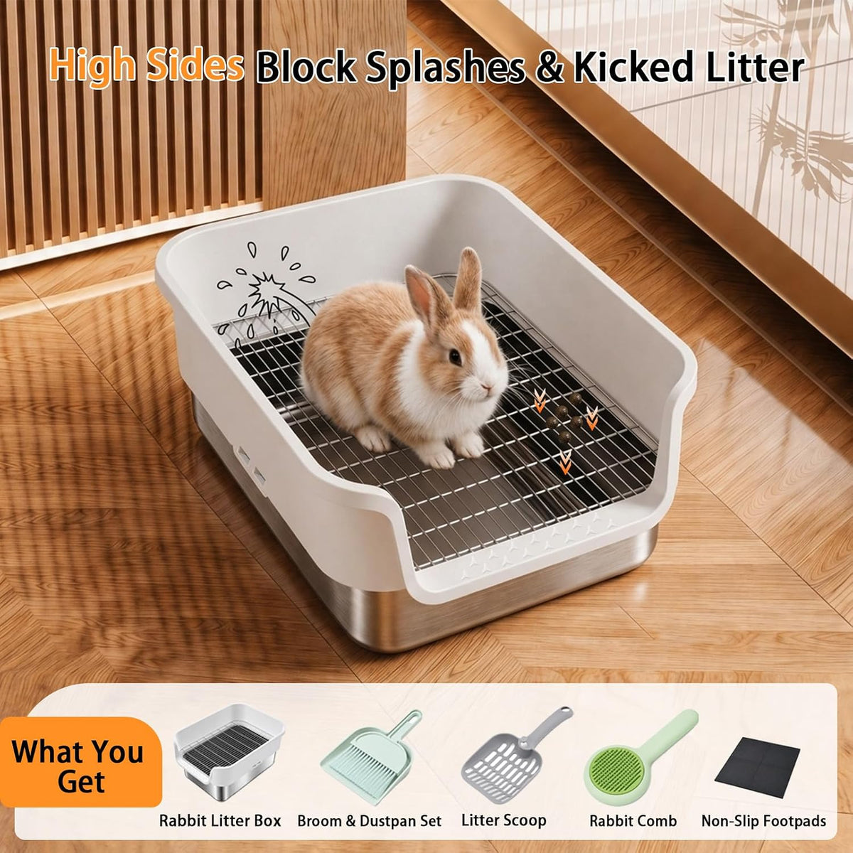 Stainless Steel Rabbit Litter Box with Sifting Grid, 16.9×13.4×6.7 inch