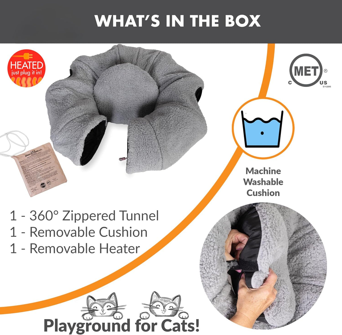 K&H Heated Cat Bed, Thermo-Kitty Heated Tunnel Indoor, Safety Listed, Gray