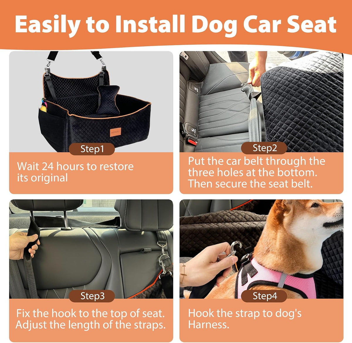 Dog Car Seat for Medium Dogs or 2 Small Dogs, Memory Foam Booster with Bonus Pillow & Removable Washable Cover, 2 Safety Leashes, Anti-Slip Base - Supports 50lbs (Black)
