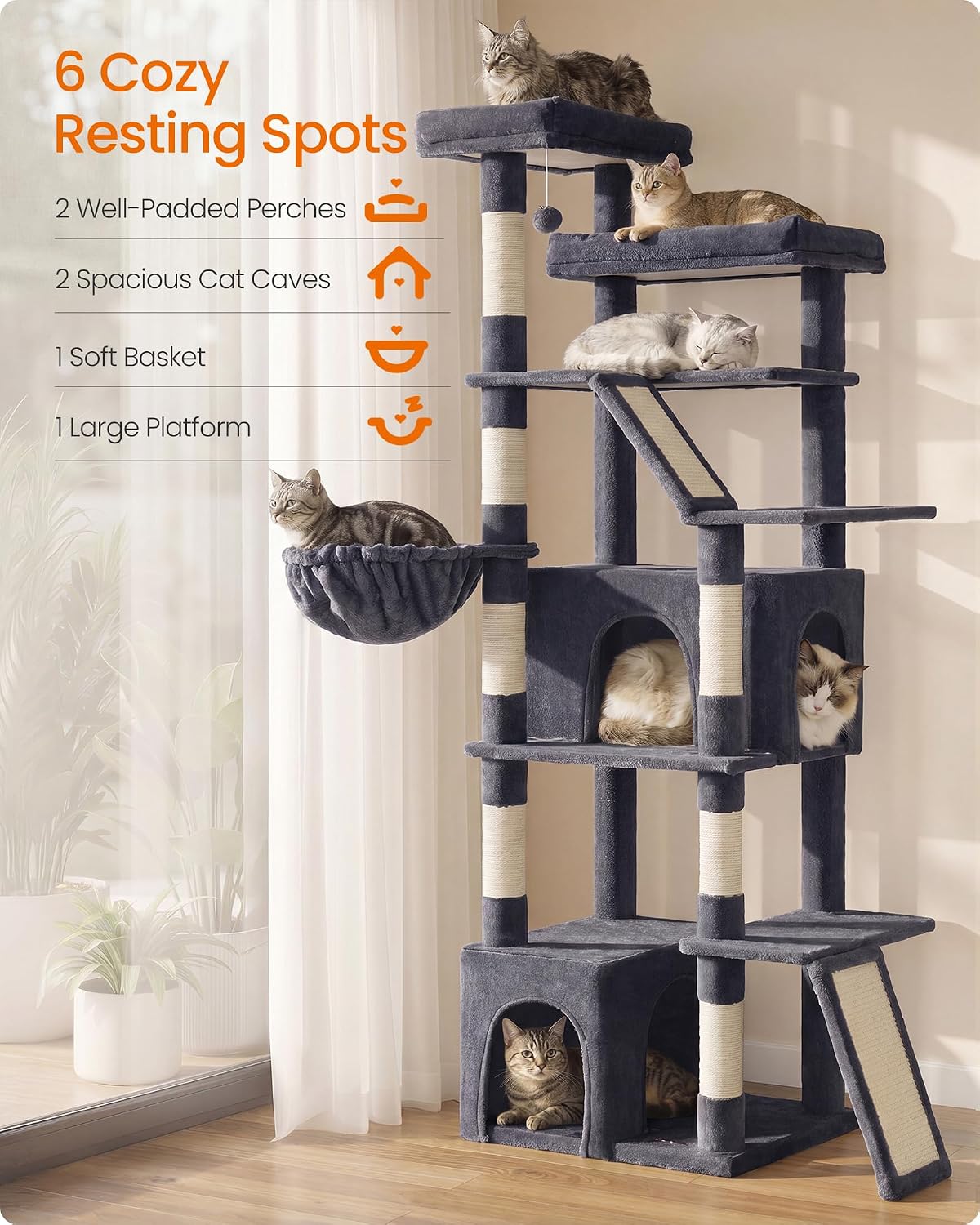 Feandrea Large Cat Tree, 72.6" Tall Sturdy Cat Tower for Indoor, Dark Gray