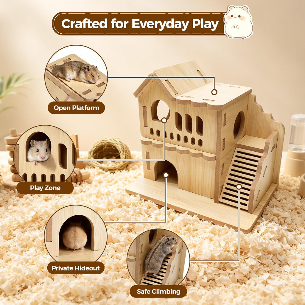 COZIWOW Double-Decker Hamster Hideout Wooden Hamster House with Ladder