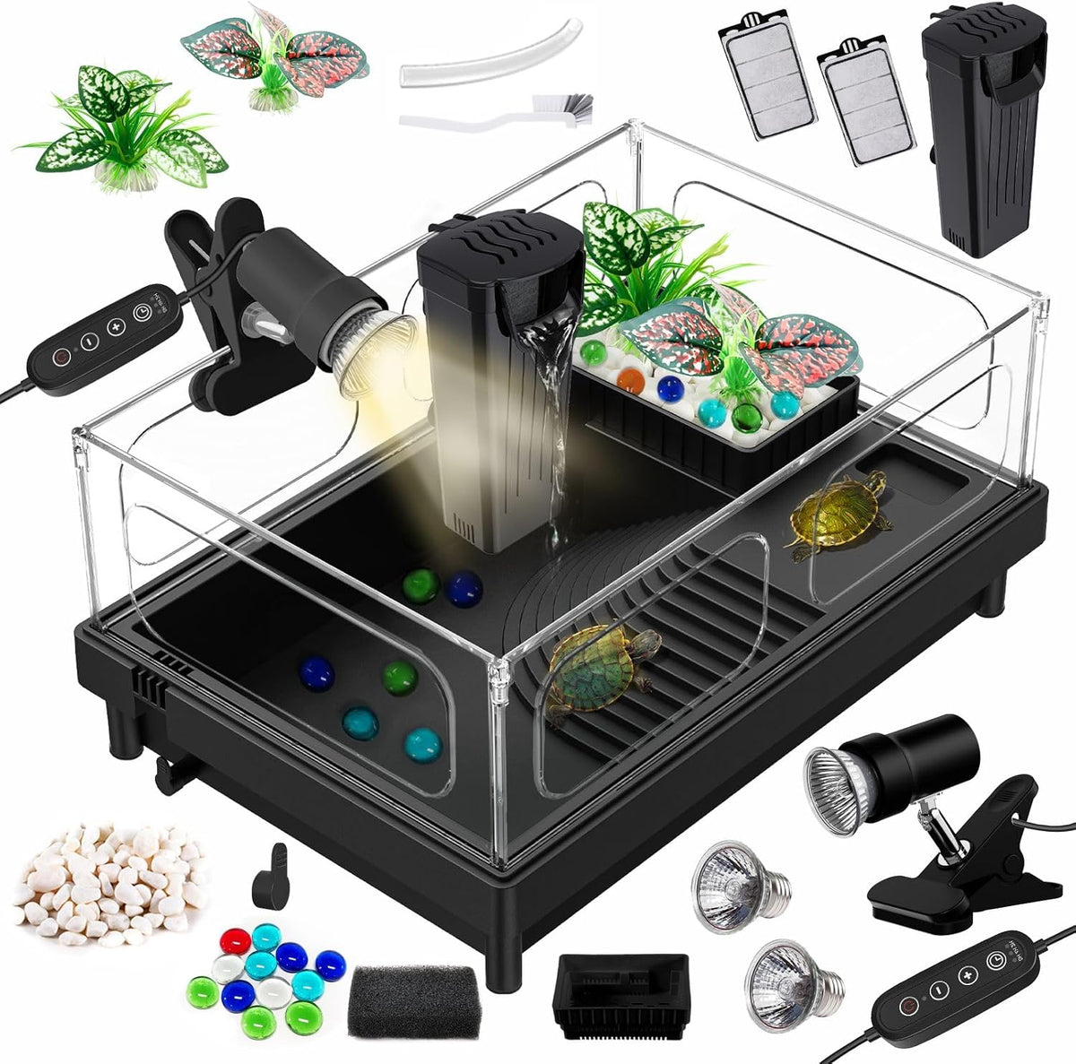 GOZILLA Small Turtle Tank Kit(Tank+Lamp+Filter), Acrylic Turtle Starter Kit with Adjustable Lamp, Reptile Habitat and Terrarium with Multi-Functional Areas for Small Reptiles. (Black Kit)