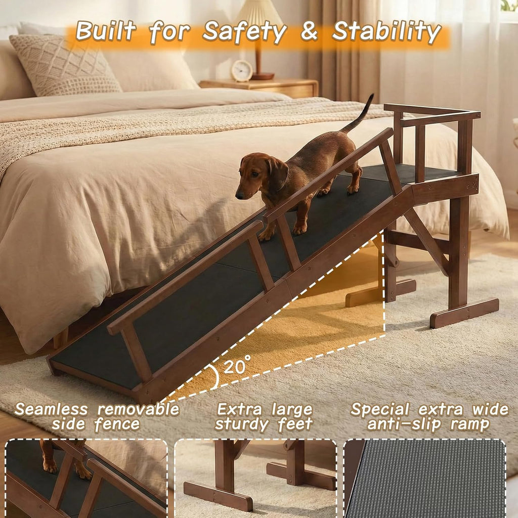 61" Dog Ramp for Bed with Rest Platform & Glow Strips, 20° Gentle Slope, EVA Non-Slip Surface, Removable Safety Rails, Birchwood Solid Wood, for Small, Large & Senior Dogs, Joint Protection, Brown