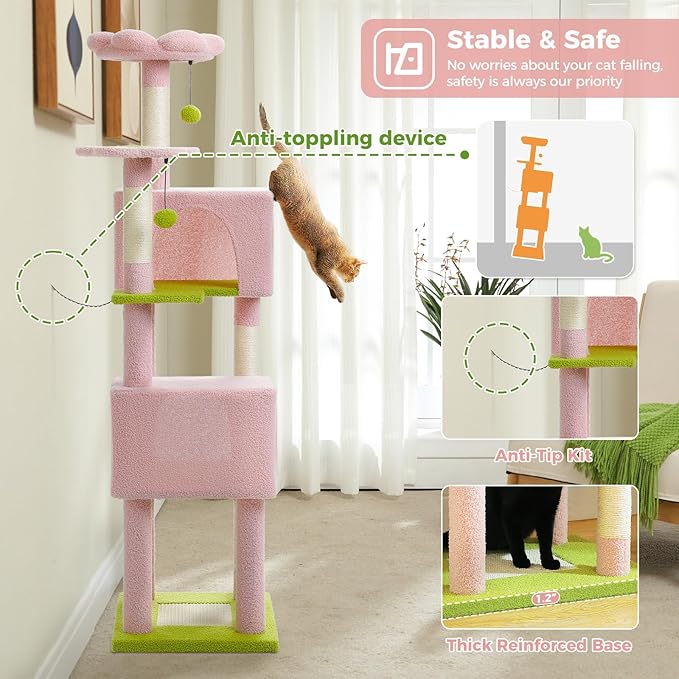 Flower Cat Tree, 62-Inch Tall Multi-Level Cat Tower - Image 6