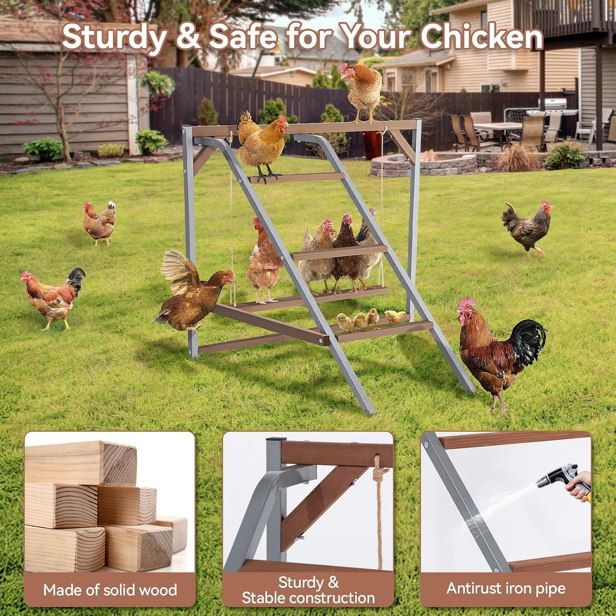 PETSFIT Chicken Perch, Solid Wood & Rustproof Iron Roosting Bar with Swing