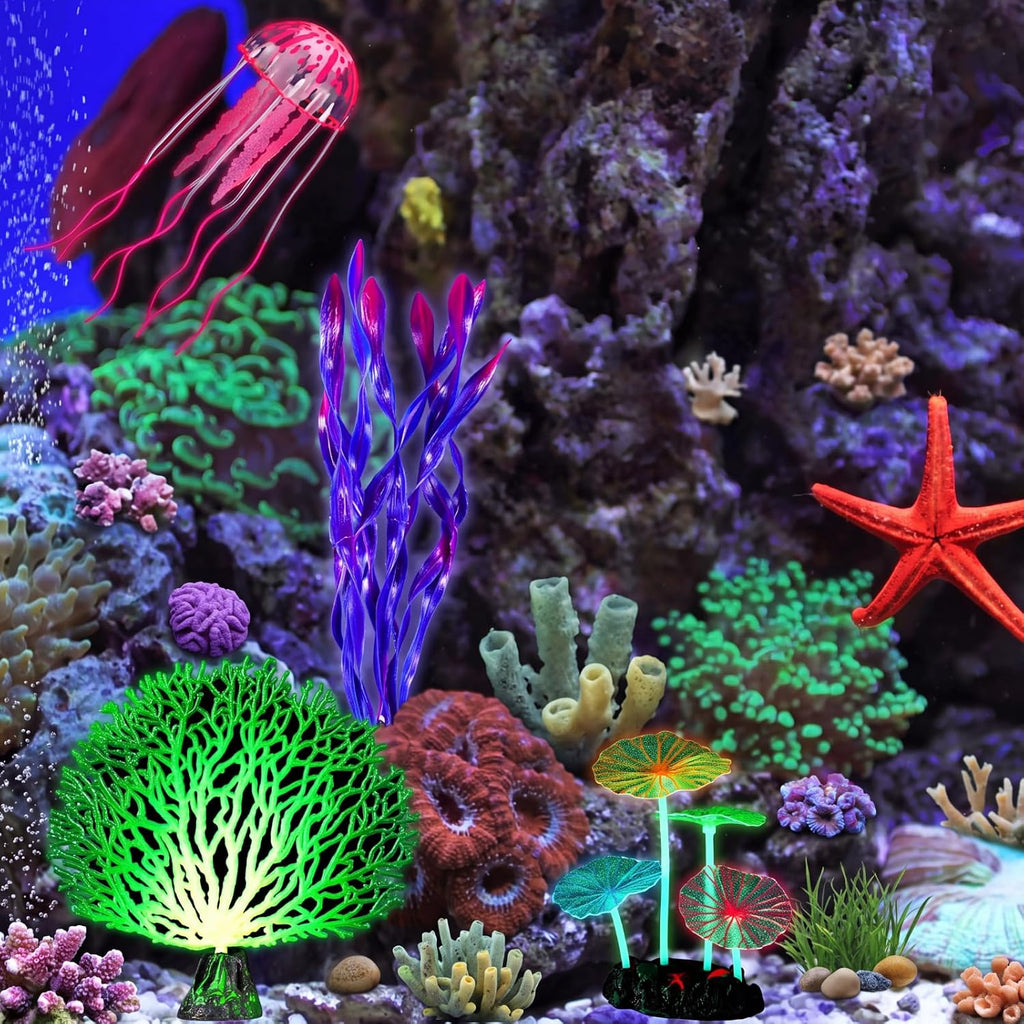 Frienda 8 Pcs Glowing Aquarium Fish Tank Decorations, Blue, Pink