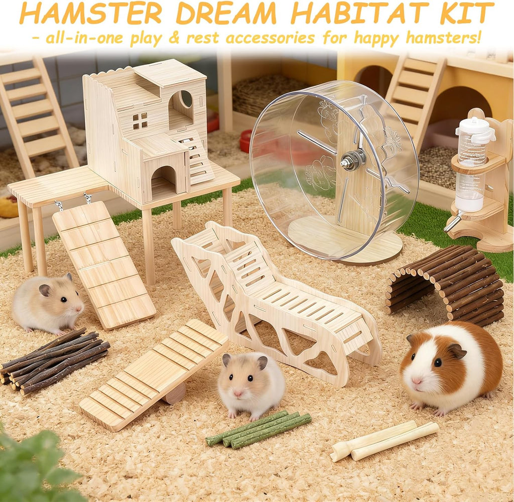 Hamster Toys Complete Set - Noiseless Silent Exercise Wheel, Maze Wood House, Stand, Chew Toys & Water Bottle Cage Accessories for Hamster, Rat, Mice Small Animal Habitat