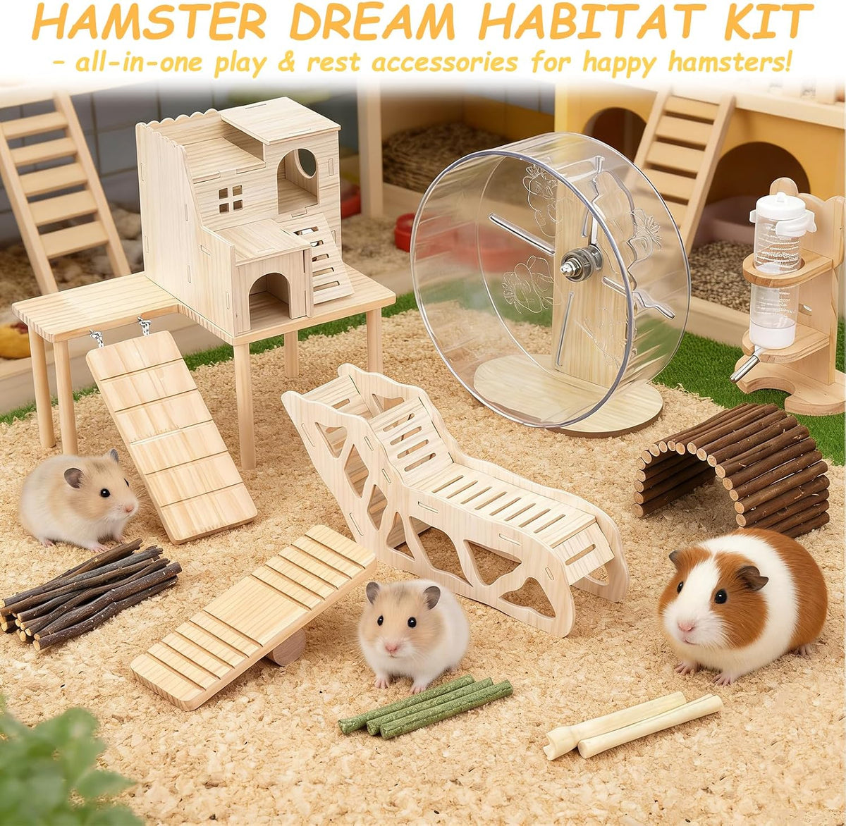 Hamster Toys Complete Set - Noiseless Silent Exercise Wheel, Maze Wood House, Stand, Chew Toys & Water Bottle Cage Accessories for Hamster, Rat, Mice Small Animal Habitat