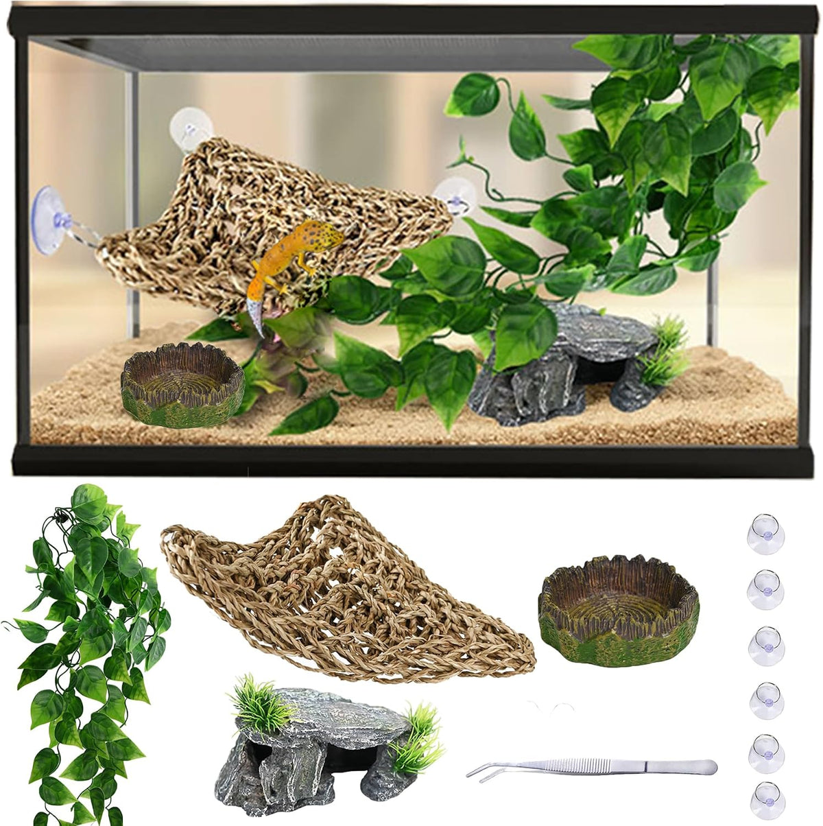 5-in-1 Leopard Gecko Tank Starter Kit, Hide Cave, Seagrass Hammock, Climbing Vine, Tweezers & Dish - 10-20 Gal | Fits Leopard/Crested Geckos, Harmit Crabs, Juvenile Tortoises (Tank Not Included)