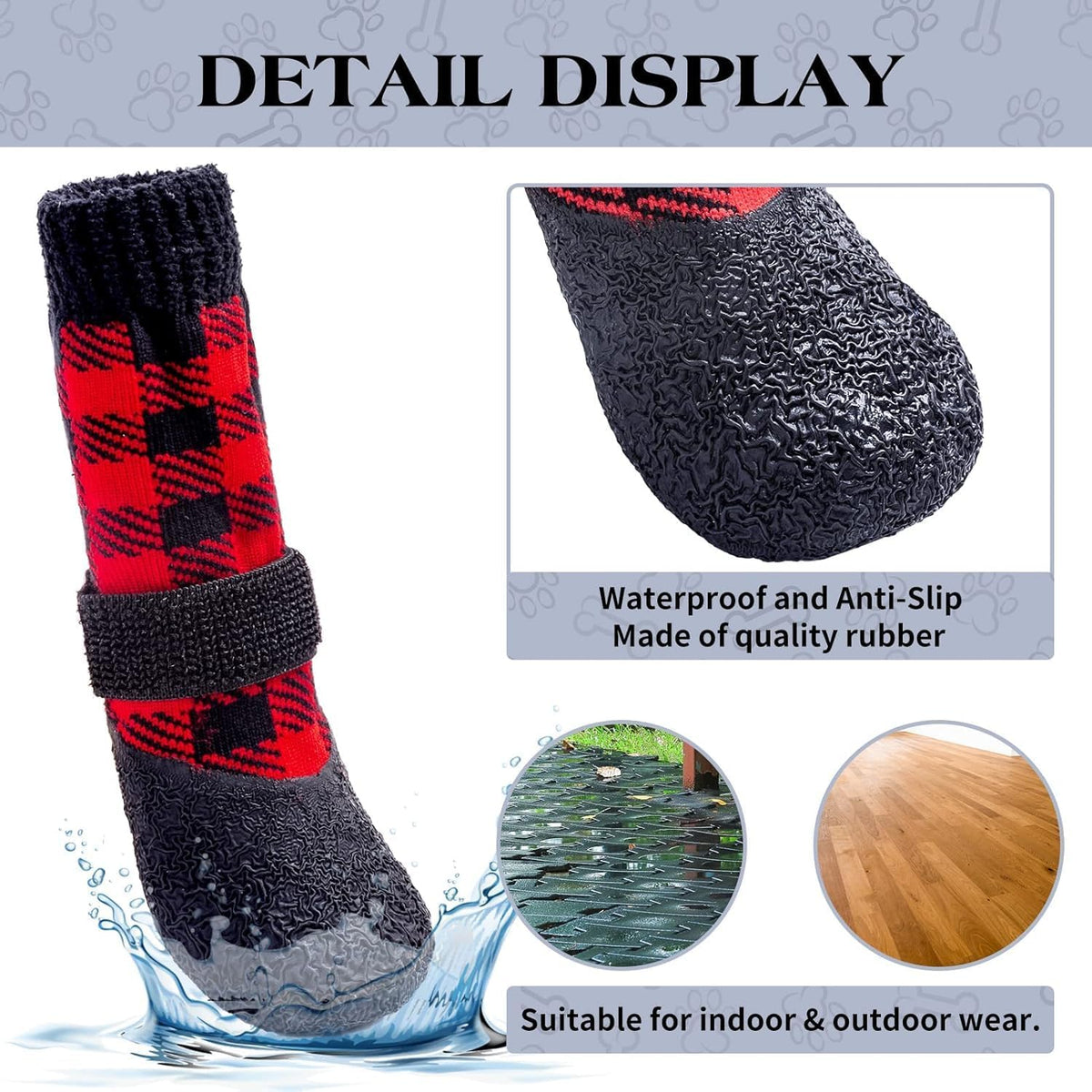 BINGPET Anti-Slip Dog Socks, Waterproof Plaid Dog Paw Protector with Adjustable Straps, Thick Fleece Padded Warm Pet Doggy Socks for Cold Weather Winter